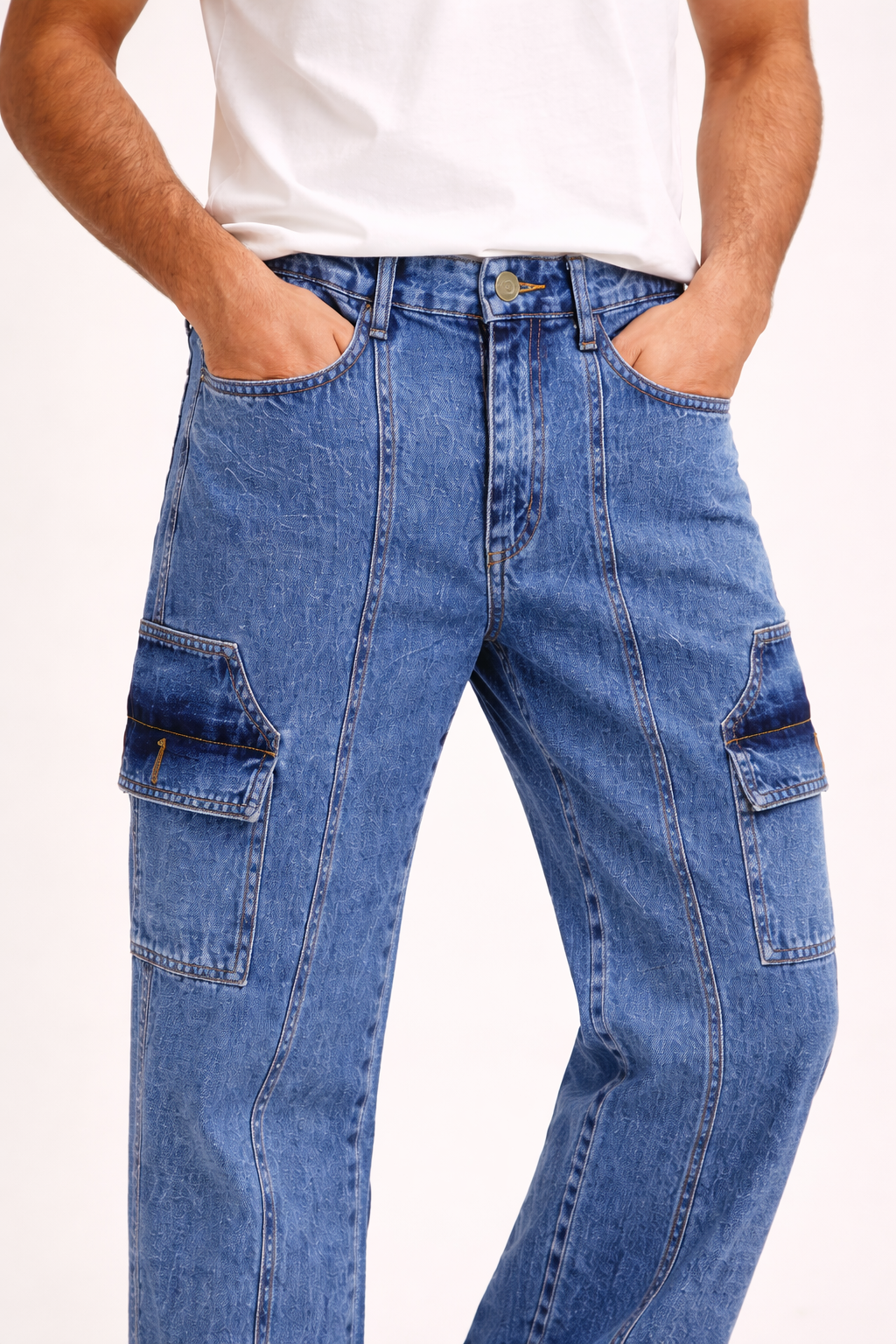 Men’s Classic Blue Cargo Denim Jean Straight-Leg with Side Pockets