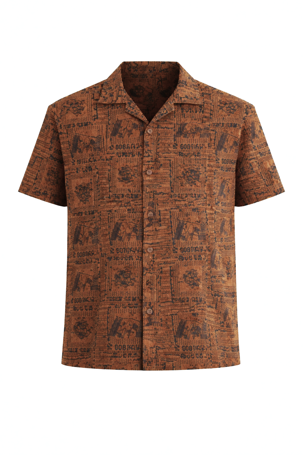 Men’s Brown Printed Short-Sleeve Shirt – Casual Button-Up