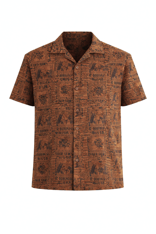 Men’s Brown Printed Short-Sleeve Shirt – Casual Button-Up