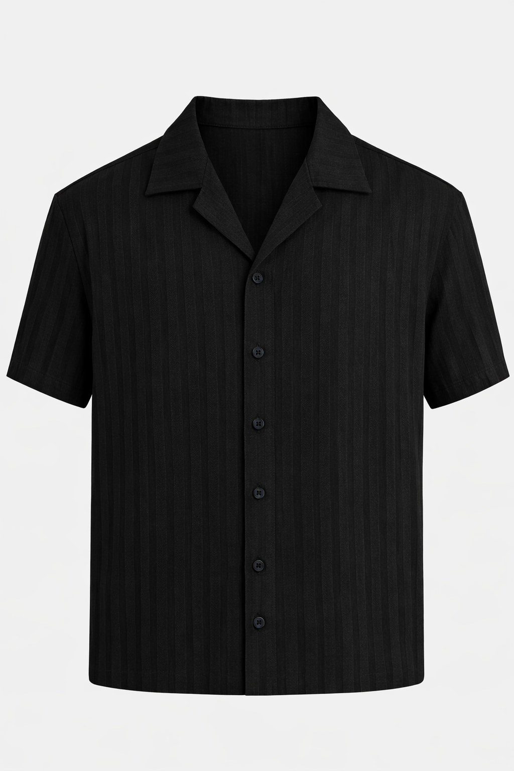 Men’s Black Short-Sleeve Button-Up Shirt with Subtle Stripe Texture
