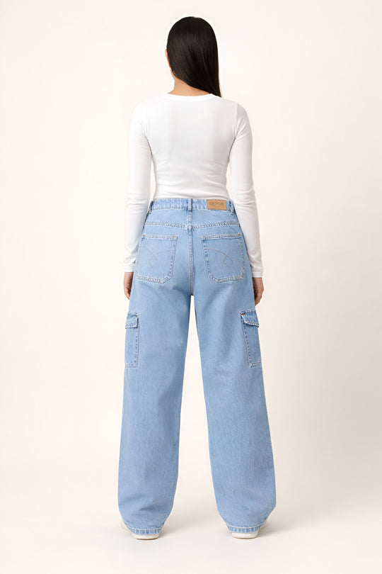 6 Pockets Mid-Light Blue Baggy Cargo Jean