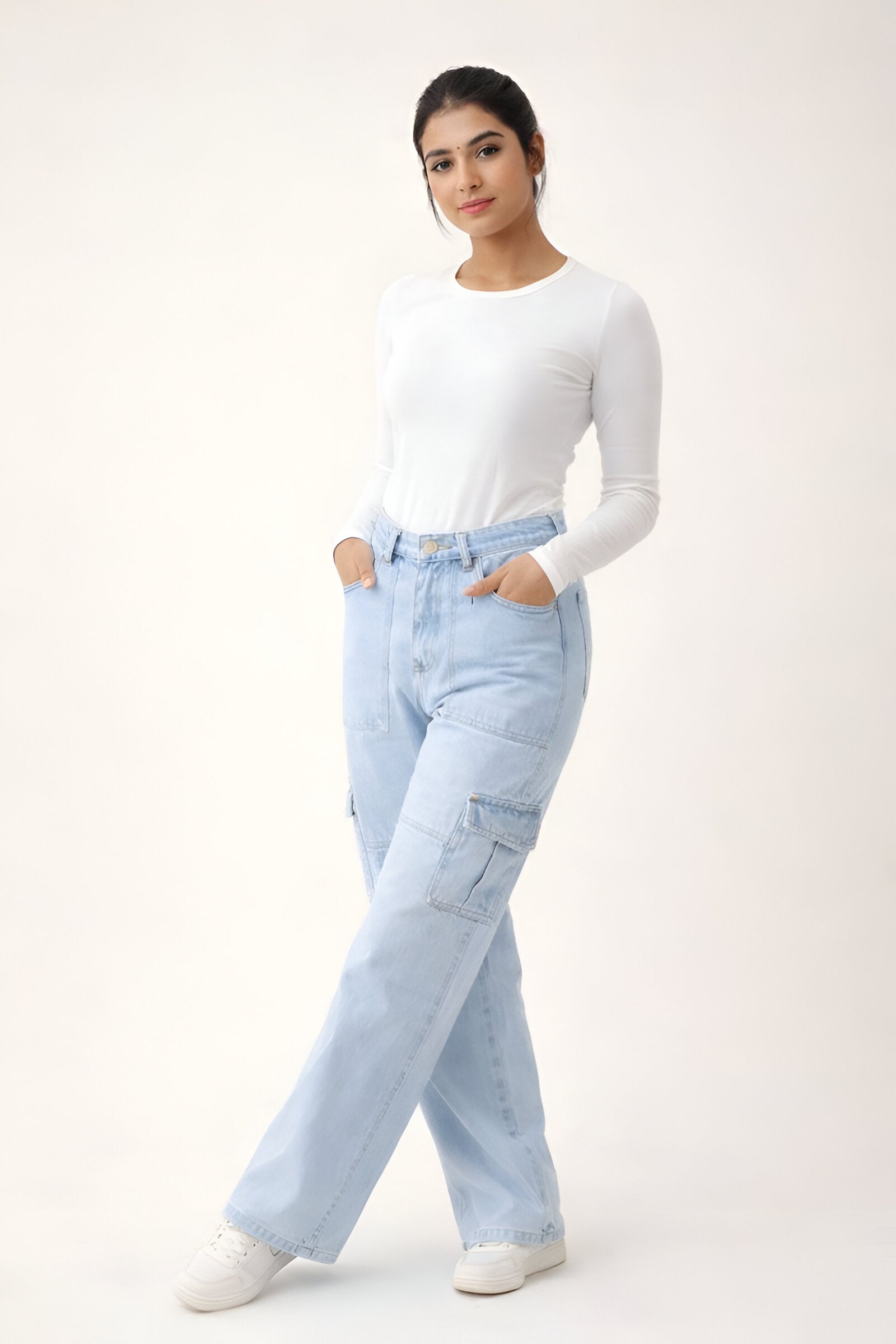6 Pockets Light Blue Cargo Baggy Jean