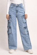8 Pockets Mid Acid Blue Baggy Cargo Jean