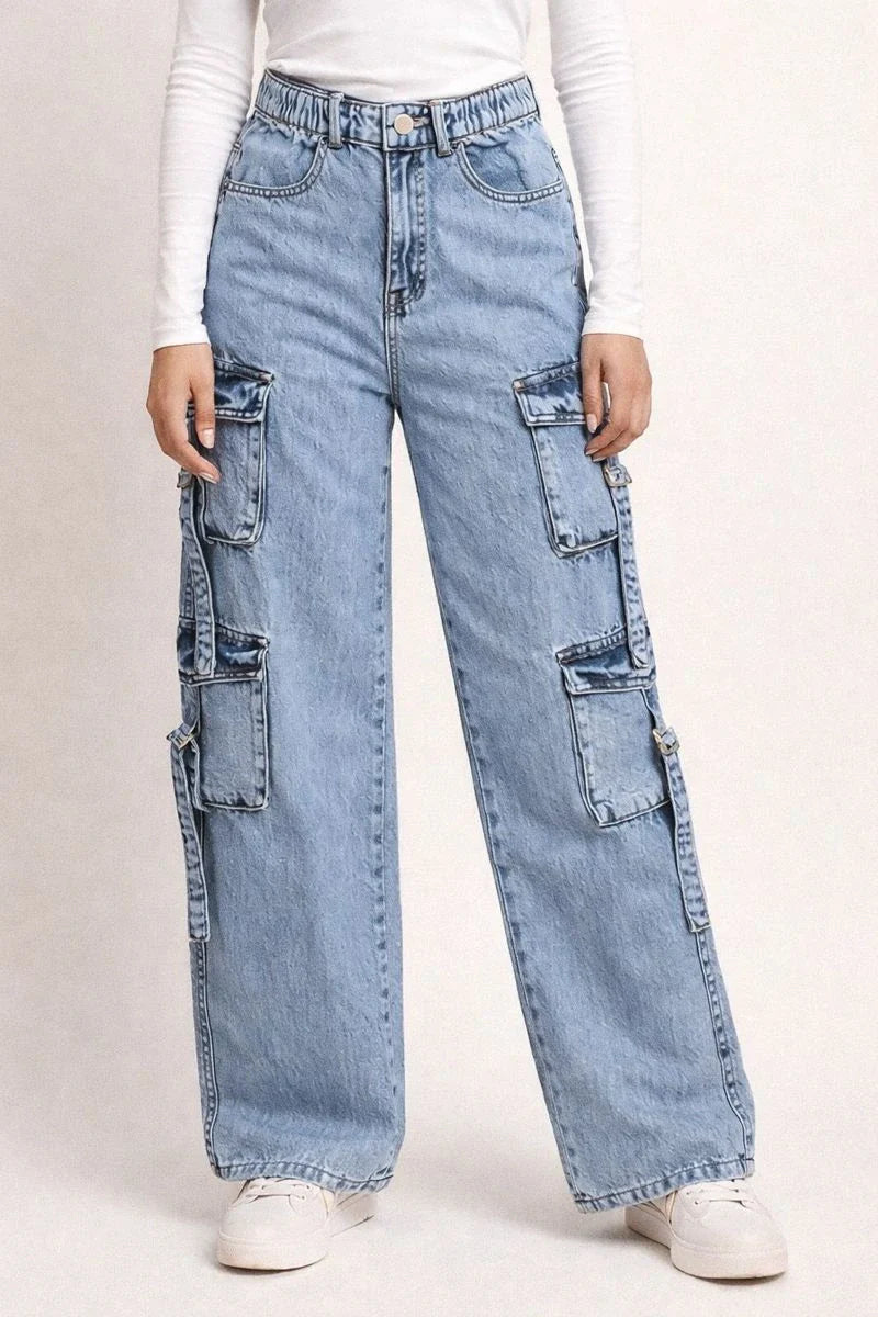 8 Pockets Mid Acid Blue Baggy Cargo Jean