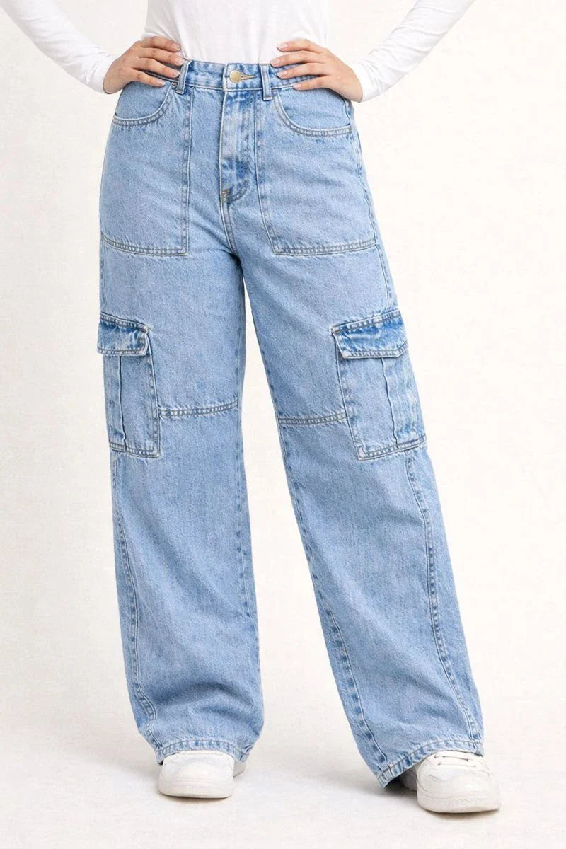 6 Pockets Mid-Light Blue Baggy Cargo Jean