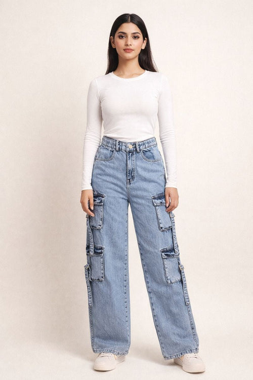 8 Pockets Mid Acid Blue Baggy Cargo Jean