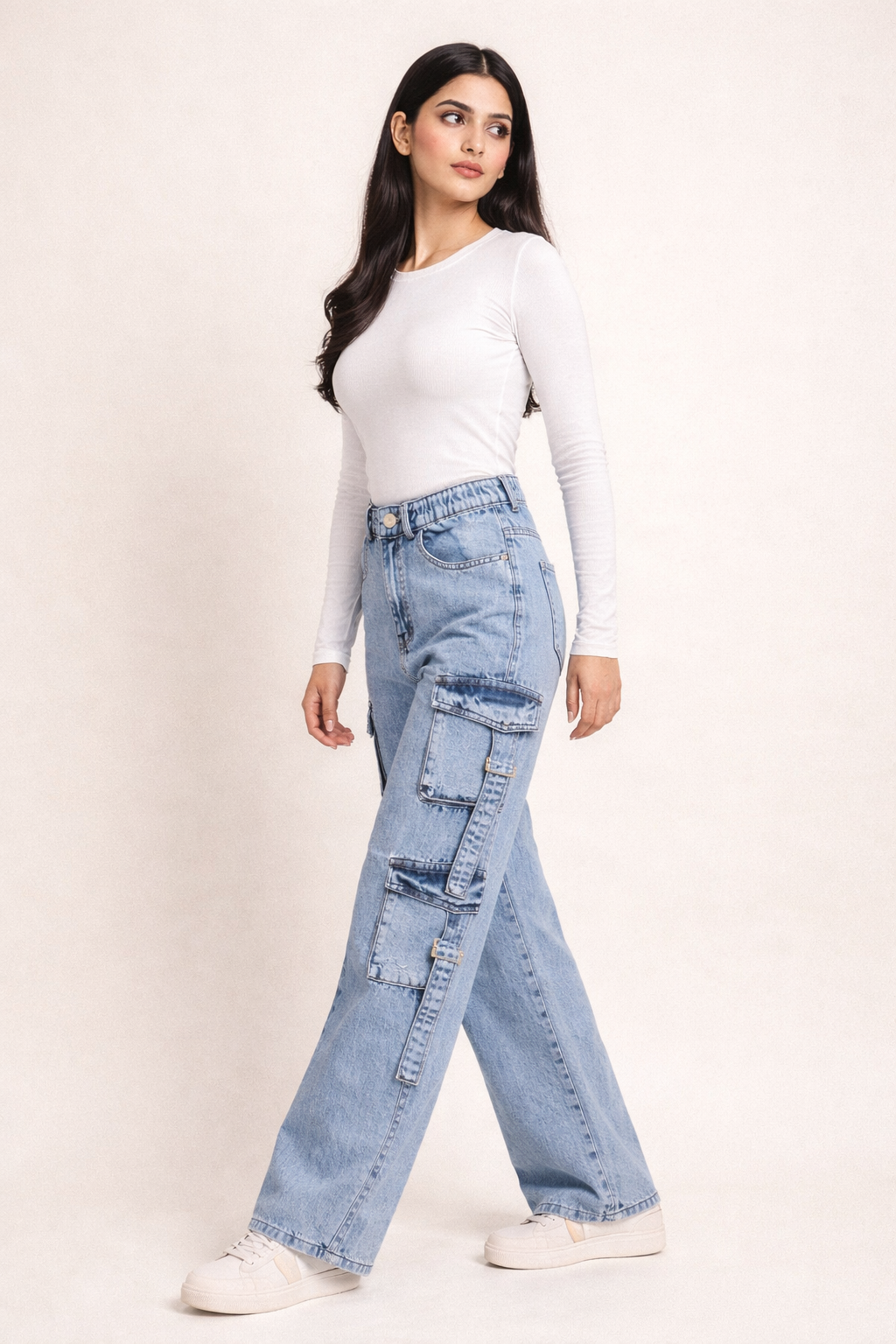 8 Pockets Mid Acid Blue Baggy Cargo Jean