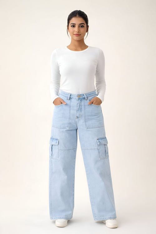 6 Pockets Light Blue Cargo Baggy Jean