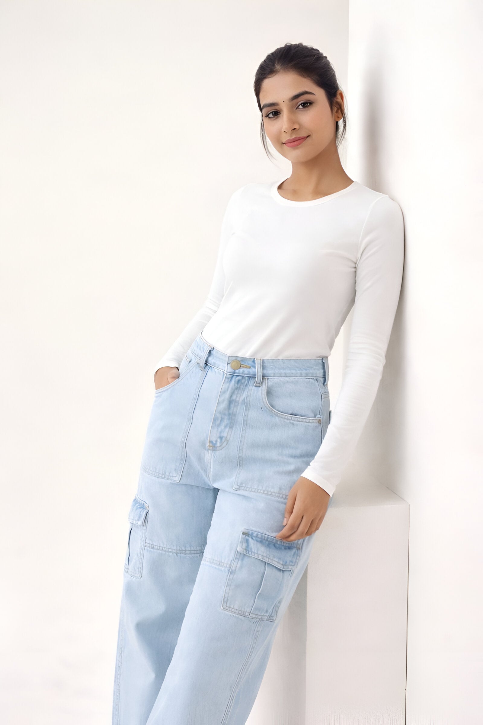 6 Pockets Light Blue Cargo Baggy Jean