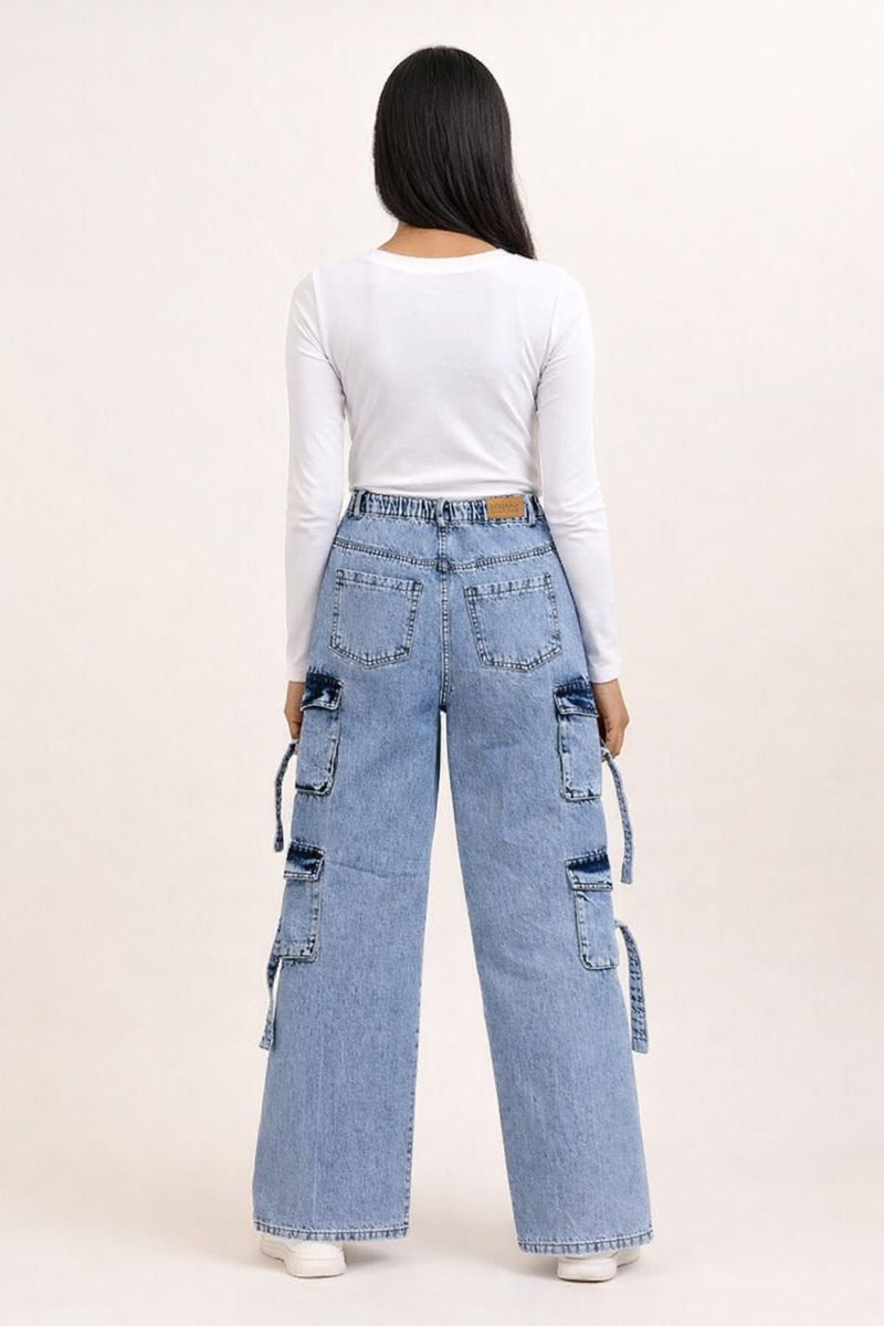 8 Pockets Mid Acid Blue Baggy Cargo Jean