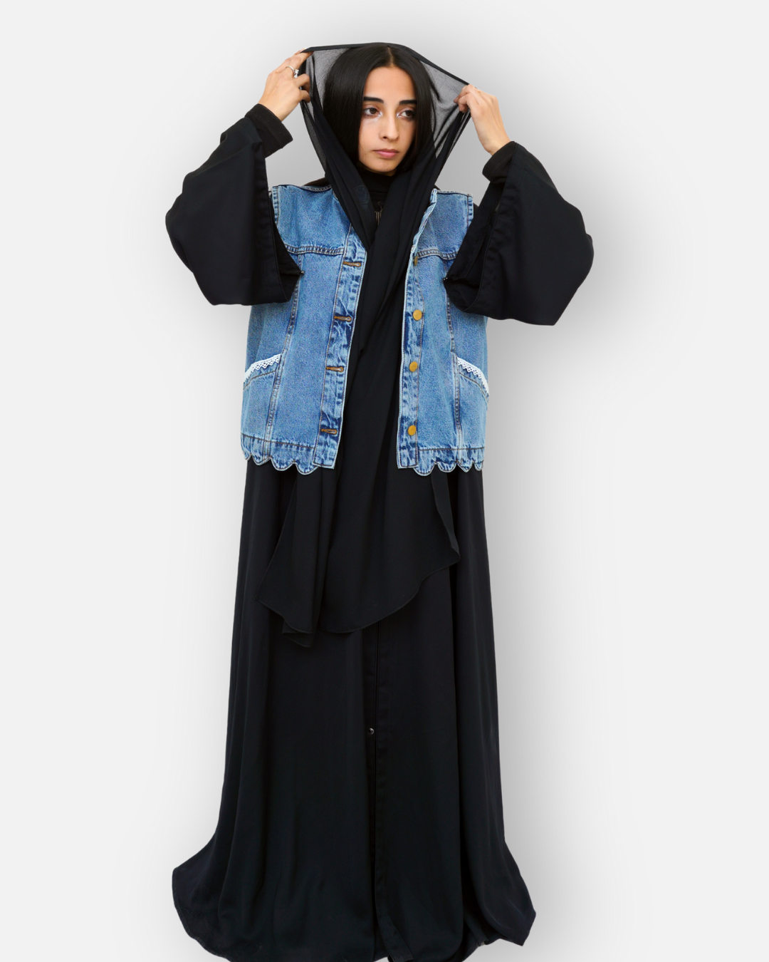 Ruffle Trim Denim Sleeveless Jacket Mid Acid Blue