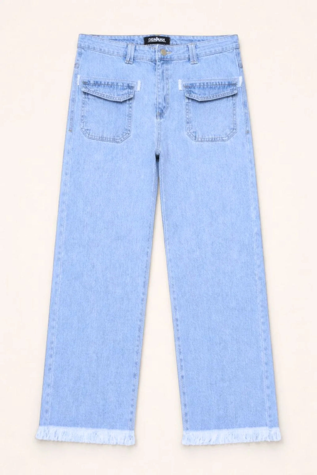 Women's Light Blue Wide-Leg Jean with Frayed Hems and Pockets