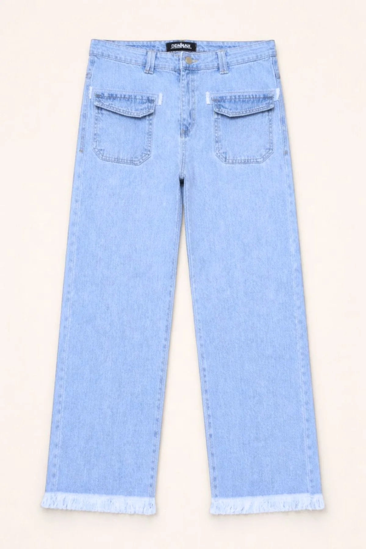 Women's Light Blue Wide-Leg Jean with Frayed Hems and Pockets