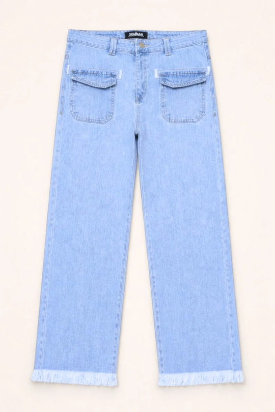 Women's Light Blue Wide-Leg Jean with Frayed Hems and Pockets