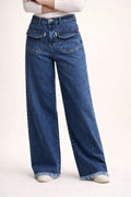 Women's Mid Blue Wide-Leg Jean with Frayed Hems and Pockets