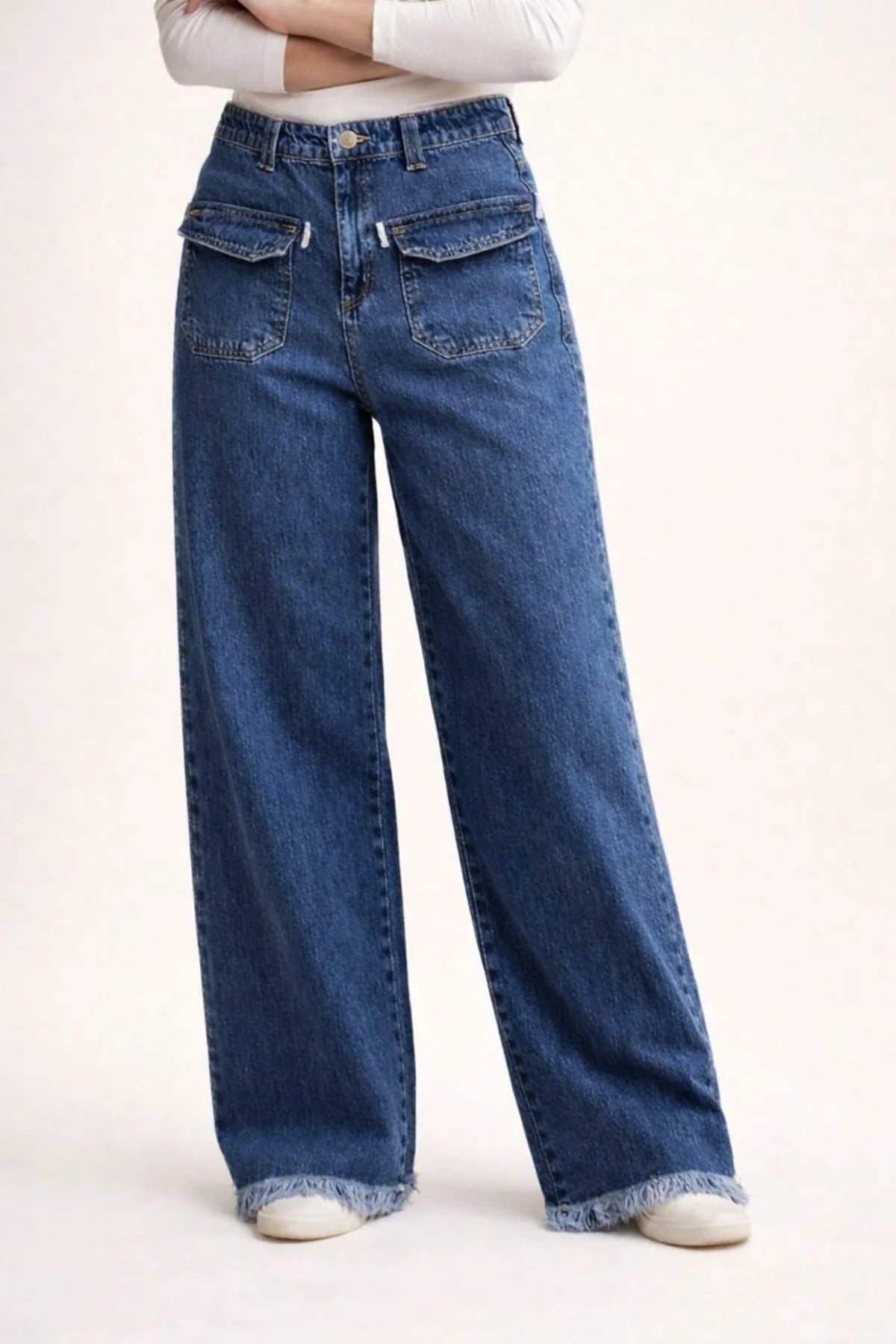 Women's Mid Blue Wide-Leg Jean with Frayed Hems and Pockets