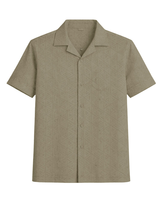 Men’s Olive Geometric Short-Sleeve Shirt – Casual Button-Up