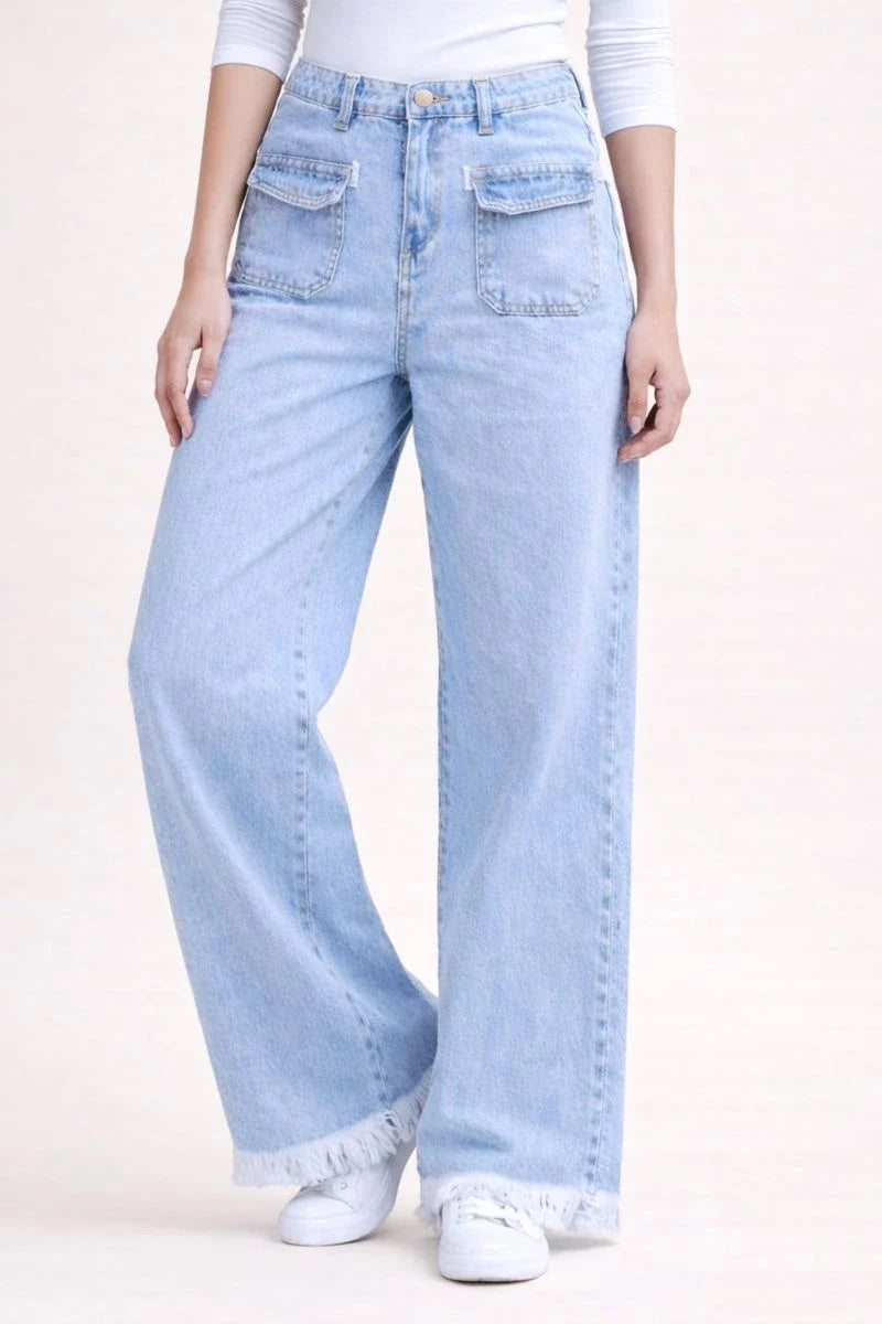 Women's Light Blue Wide-Leg Jean with Frayed Hems and Pockets